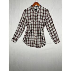 Banana Republic Button Down Women L Gray Red Plaid Boyfriend Fit Rayon Casual